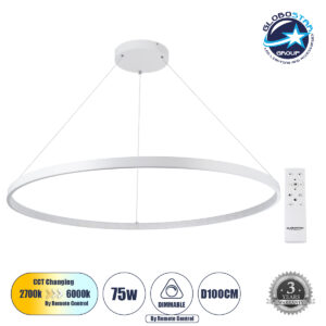 GloboStar® DIAMOND 61518 Κρεμαστό Φωτιστικό Δαχτυλίδι-Κύκλος LED CCT 75W 8400lm 360° AC 220-240V – Εναλλαγή Φωτισμού μέσω Τηλεχειριστηρίου All In One Ψυχρό 6000k+Φυσικό 4500k+Θερμό 2700k Dimmable Φ100cm – Λευκό – 3 Years Warranty