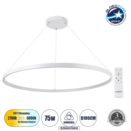 GloboStar® DIAMOND 61518 Κρεμαστό Φωτιστικό Δαχτυλίδι-Κύκλος LED CCT 75W 8400lm 360° AC 220-240V – Εναλλαγή Φωτισμού μέσω Τηλεχειριστηρίου All In One Ψυχρό 6000k+Φυσικό 4500k+Θερμό 2700k Dimmable Φ100cm – Λευκό – 3 Years Warranty