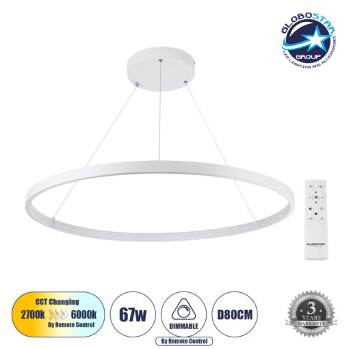 GloboStar® DIAMOND 61521 Κρεμαστό Φωτιστικό Δαχτυλίδι-Κύκλος LED CCT 67W 7504lm 360° AC 220-240V – Εναλλαγή Φωτισμού μέσω Τηλεχειριστηρίου All In One Ψυχρό 6000k+Φυσικό 4500k+Θερμό 2700k Dimmable Φ80cm – Λευκό – 3 Years Warranty