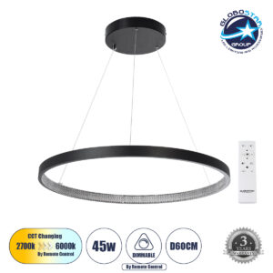 GloboStar® DIAMOND 61522 Κρεμαστό Φωτιστικό Δαχτυλίδι-Κύκλος LED CCT 45W 5040lm 360° AC 220-240V – Εναλλαγή Φωτισμού μέσω Τηλεχειριστηρίου All In One Ψυχρό 6000k+Φυσικό 4500k+Θερμό 2700k Dimmable Φ60cm – Μαύρο – 3 Years Warranty