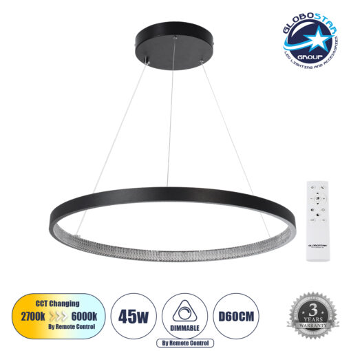 GloboStar® DIAMOND 61522 Κρεμαστό Φωτιστικό Δαχτυλίδι-Κύκλος LED CCT 45W 5040lm 360° AC 220-240V – Εναλλαγή Φωτισμού μέσω Τηλεχειριστηρίου All In One Ψυχρό 6000k+Φυσικό 4500k+Θερμό 2700k Dimmable Φ60cm – Μαύρο – 3 Years Warranty