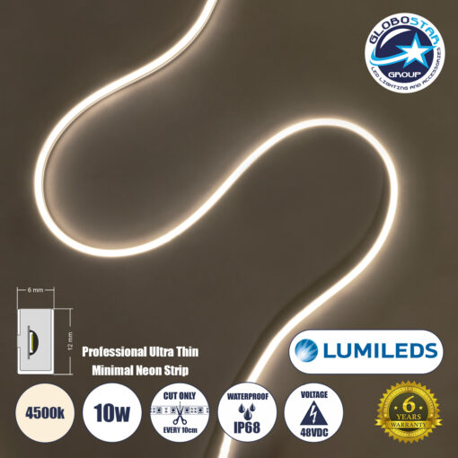 GloboStar® NEONPRO 61526 Professional Neon Flex LED 10W/m 1250lm/m 120° DC 48V Αδιάβροχη IP68 – 120 x SMD 2835 LED Chip/Μέτρο – Dimmable – Μ100 x Π6 x Υ1.2cm – Φυσικό Λευκό 4500K – LUMILEDS High Efficiency Chips – 6 Χρόνια Εγγύηση