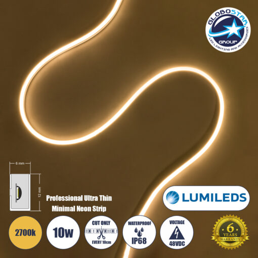 GloboStar® NEONPRO 61527 Professional Neon Flex LED 10W/m 1200lm/m 120° DC 48V Αδιάβροχη IP68 – 120 x SMD 2835 LED Chip/Μέτρο – Dimmable – Μ100 x Π6 x Υ1.2cm – Θερμό Λευκό 2700K – LUMILEDS High Efficiency Chips – 6 Χρόνια Εγγύηση