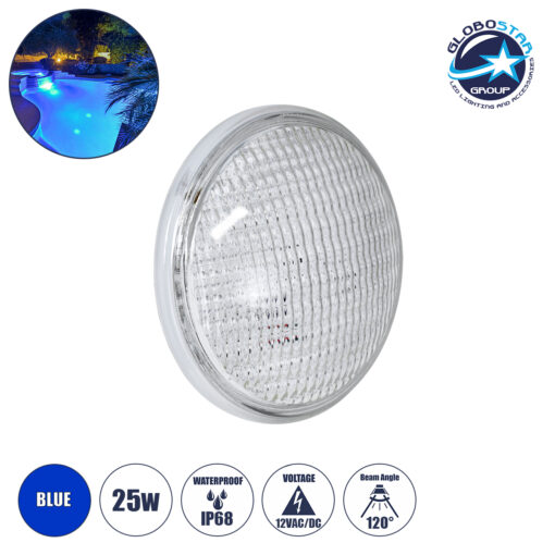 GloboStar® POOLANO 61536 Λάμπα LED Σποτ Πισίνας GX16D PAR56 25W 1750lm 120° AC/DC 12V Αδιάβροχο IP68 IK06 Tempered Glass Φ18 x Υ10cm Μπλε – Bridgelux Chip – 3 Years Warranty