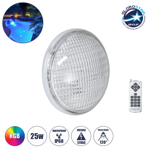 GloboStar® POOLANO 61537 Λάμπα LED Σποτ Πισίνας GX16D PAR56 25W 1750lm 120° AC 12V Αδιάβροχο IP68 IK06 Tempered Glass Φ18 x Υ10cm RGB με Ασύρματο Χειριστήριο RF 2.4Ghz Εμβέλειας 60 Μέτρων – Bridgelux Chip – 3 Years Warranty
