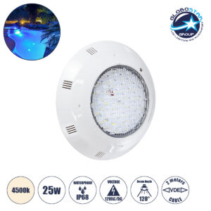 GloboStar® POOLΕΤΙ 61539 PRO Φωτιστικό Πισίνας LED 25W 2000lm 120° AC/DC 12V Αδιάβροχο IP68 IK06 Tempered Glass Φ30 x Υ6.5cm Φυσικό Λευκό 4500K – Bridgelux Chip – 2 Meter VDE Certified Cable – 3 Years Warranty