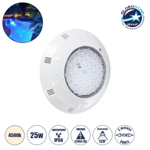 GloboStar® POOLΕΤΙ 61539 PRO Φωτιστικό Πισίνας LED 25W 2000lm 120° AC/DC 12V Αδιάβροχο IP68 IK06 Tempered Glass Φ30 x Υ6.5cm Φυσικό Λευκό 4500K – Bridgelux Chip – 2 Meter VDE Certified Cable – 3 Years Warranty