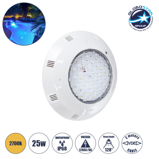 GloboStar® POOLΕΤΙ 61540 PRO Φωτιστικό Πισίνας LED 25W 1875lm 120° AC/DC 12V Αδιάβροχο IP68 IK06 Tempered Glass Φ30 x Υ6.5cm Θερμό Λευκό 2700K – Bridgelux Chip – 2 Meter VDE Certified Cable – 3 Years Warranty