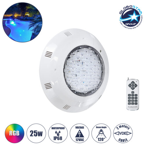 GloboStar® POOLΕΤΙ 61542 PRO Φωτιστικό Πισίνας LED 25W 1750lm 120° AC 12V Αδιάβροχο IP68 IK06 Tempered Glass Φ30 x Υ6.5cm RGB με Ασύρματο Χειριστήριο RF 2.4Ghz Εμβέλειας 60 Μέτρων – Bridgelux Chip – 2 Meter VDE Certified Cable – 3 Years Warranty