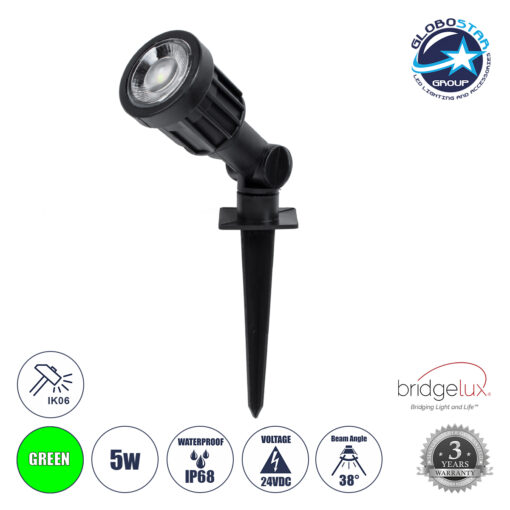 GloboStar® GARDENINI 61544 Καρφωτό Φωτιστικό Σποτ Κήπου LED 5W 550lm 38° DC 24V IP68 Υψηλής Αντοχής ABS IK06 Φ5.5 x Υ13.5cm – Πράσινο 550nm Dimmable – Μαύρο – Bridgelux Chip – 3 Years Warranty