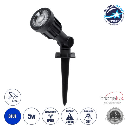 GloboStar® GARDENINI 61545 Καρφωτό Φωτιστικό Σποτ Κήπου LED 5W 550lm 38° DC 24V IP68 Υψηλής Αντοχής ABS IK06 Φ5.5 x Υ13.5cm – Μπλε 450nm Dimmable – Μαύρο – Bridgelux Chip – 3 Years Warranty