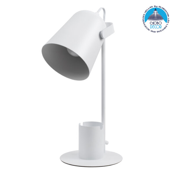GloboStar® PENCASE 61564 Μοντέρνο Επιτραπέζιο Φωτιστικό Γραφείου – Πορτατίφ – Μονόφωτο 1 x E27 Λευκό Μεταλλικό Καμπάνα με Διακόπτη On/Off – Μολυβοθήκη & Βάση Τηλεφώνου – L12 x W15 x H38cm