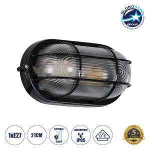 GloboStar® BOATLIGHT 61583 Vintage Industrial Φωτιστικό Τοίχου – Απλίκα – Καραβοχελώνα Εξωτερικού Χώρου Μονόφωτο 1 x E27 AC220-240V Αδιάβροχο IP65 – Σώμα Αλουμινίου & Tempered Glass – Μ21 x Π10.4 x Υ9cm – Μαύρο – Οβάλ – 5 Years Warranty