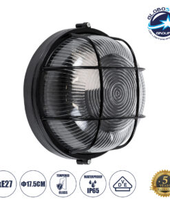 GloboStar® BOATLIGHT 61586 Vintage Industrial Φωτιστικό Τοίχου – Απλίκα – Καραβοχελώνα Εξωτερικού Χώρου Μονόφωτο 1 x E27 AC220-240V Αδιάβροχο IP65 – Σώμα Αλουμινίου & Tempered Glass – Φ17.5 x Υ9cm – Μαύρο – Στρόγγυλο – 5 Years Warranty