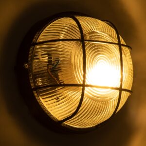 GloboStar® BOATLIGHT 61586 Vintage Industrial Φωτιστικό Τοίχου – Απλίκα – Καραβοχελώνα Εξωτερικού Χώρου Μονόφωτο 1 x E27 AC220-240V Αδιάβροχο IP65 – Σώμα Αλουμινίου & Tempered Glass – Φ17.5 x Υ9cm – Μαύρο – Στρόγγυλο – 5 Years Warranty