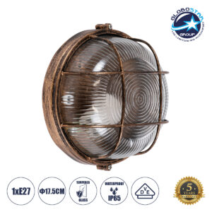 GloboStar® BOATLIGHT 61587 Vintage Industrial Φωτιστικό Τοίχου – Απλίκα – Καραβοχελώνα Εξωτερικού Χώρου Μονόφωτο 1 x E27 AC220-240V Αδιάβροχο IP65 – Σώμα Αλουμινίου & Tempered Glass – Φ17.5 x Υ9cm – Αντικέ Μπρονζέ – Στρόγγυλο – 5 Years Warranty