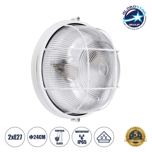 GloboStar® BOATLIGHT 61588 Vintage Industrial Φωτιστικό Τοίχου – Απλίκα – Καραβοχελώνα Εξωτερικού Χώρου Δίφωτο 2 x E27 AC220-240V Αδιάβροχο IP65 – Σώμα Αλουμινίου & Tempered Glass – Φ24 x Υ11cm – Λευκό – Στρόγγυλο – 5 Years Warranty