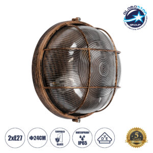 GloboStar® BOATLIGHT 61590 Vintage Industrial Φωτιστικό Τοίχου – Απλίκα – Καραβοχελώνα Εξωτερικού Χώρου Δίφωτο 2 x E27 AC220-240V Αδιάβροχο IP65 – Σώμα Αλουμινίου & Tempered Glass – Φ24 x Υ11cm – Αντικέ Μπρονζέ – Στρόγγυλο – 5 Years Warranty