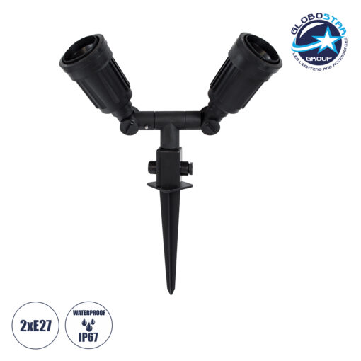 GloboStar® GRASEDO 61614 Καρφωτή Βάση Κήπου με 2 Ντουί E27 για Λάμπες Σποτ PAR38 – Αδιάβροχη IP67 – Υψηλής Αντοχής ABS – VDE Certified – Μ25 x Π7.5 x Υ43.5cm – Μαύρο – 5 Years Warranty