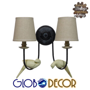 GloboStar® DOVE 01086 Vintage Φωτιστικό Τοίχου Απλίκα Δίφωτο Μαύρο Μεταλλικό με Μπεζ Υφασμάτινο Καπέλο Μ27 x Π43 x Υ30cm