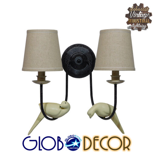 GloboStar® DOVE 01086 Vintage Φωτιστικό Τοίχου Απλίκα Δίφωτο Μαύρο Μεταλλικό με Μπεζ Υφασμάτινο Καπέλο Μ27 x Π43 x Υ30cm