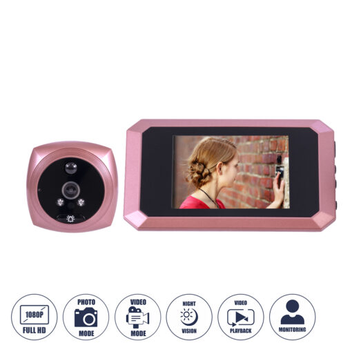 GloboStar® 86064 Επαναφορτιζόμενη Ψηφιακή Έξυπνη Camera Εξώπορτας 90° Μοιρών με Έγχρωμη Οθόνη 4.1″ Inches – USB – Νυχτερινή Όραση με LED IR – Κουδούνι – Ροζ