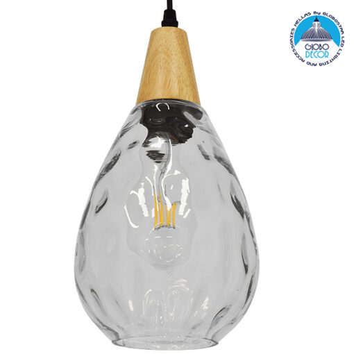 GloboStar® NOAH 01491 Μοντέρνο Κρεμαστό Φωτιστικό Οροφής Μονόφωτο 1 x E27 Γυάλινο με Ξύλο Διάφανο Φ16 x Υ30cm
