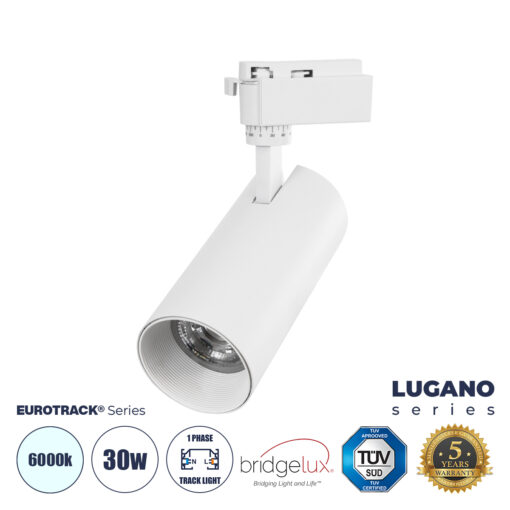 GloboStar® LUGANO 60812 Μονοφασικό Φωτιστικό Σποτ Ράγας LED 30W 3900lm 36° Acrylic HQ LENS AC 220-240V IP20 Φ7.5 x Υ22.7cm Ψυχρό Λευκό 6000K – EUROTRACK® System 1L+1N – Λευκό – Bridgelux Chip – TÜV Certified Driver – 5 Χρόνια Εγγύηση