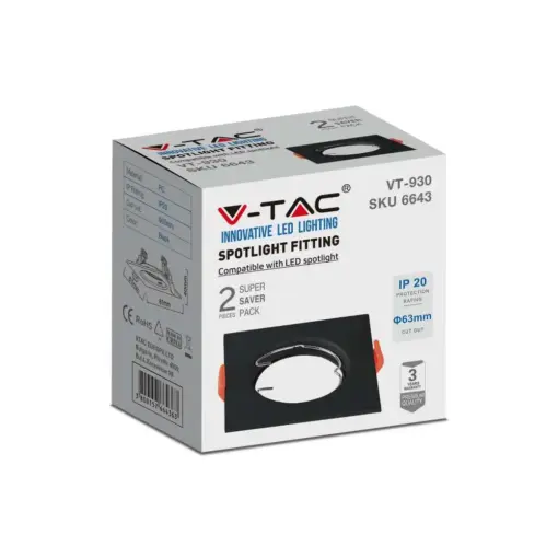 Χωνευτό φωτιστικό Spot GU10 τετράγωνο μαύρο 2 τμχ. V-TAC – 6643