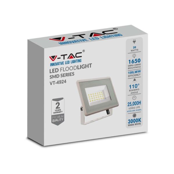 20W LED Προβολέας V-TAC Λευκό Σώμα IP65 Θερμό 3000K – 6740