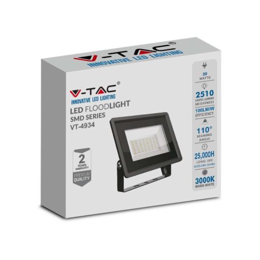 30W LED Προβολέας Μαύρο Σώμα V-TAC IP65 Θερμό 3000K – 6743