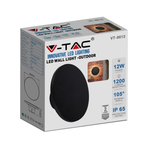 LED Απλίκα Τοίχου Αρχιτεκτονικού Φωτισμού 12W Στρογγυλή Μαύρο V-TAC IP65 Θερμό Λευκό 3000K – 6787