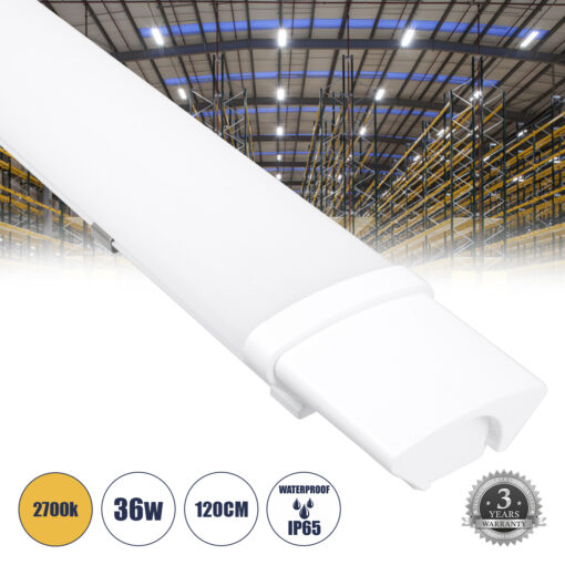 GloboStar® 60166 LED Γραμμικό Βιομηχανικό Φωτιστικό Tri-Proof 120cm 36W 3916lm 120° AC 220-240V Αδιάβροχο IP65 Μ120 x Π6 x Υ4cm Θερμό Λευκό 2700K – 3 Χρόνια Εγγύηση