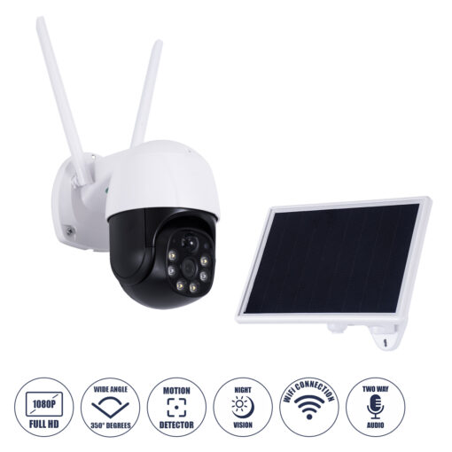 GloboStar® 86055 Αυτόνομη Ηλιακή IP Camera 1080P 2MP WiFi 350° Μοιρών – 3200mAh – Φωτοβολταϊκό Πάνελ – Νυχτερινή Όραση με LED IR – Ανιχνευτή Κίνησης – Νυχτερινή Λήψη – Αδιάβροχη IP66 – Λευκό