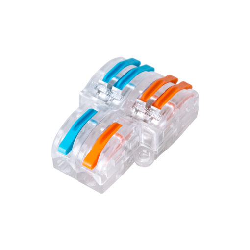 GloboStar® FAST-CONNECT 69909 Διπλή σε Τετραπλή Κλέμα Ταχείας Σύνδεσης & Διακλάδωσης Καλωδίων – 2 x Είσοδοι & 4 x Έξοδοι με Συμβατή Διατομή Καλωδίων 0.08mm² έως 2.5mm² – 250V/4KV 32A Max – Μ2.6 x Π4 x Υ1.5cm – Διάφανο με Πορτοκαλί & Μπλε – Πακέτο 5 Τεμαχίων – 5 Years Warranty