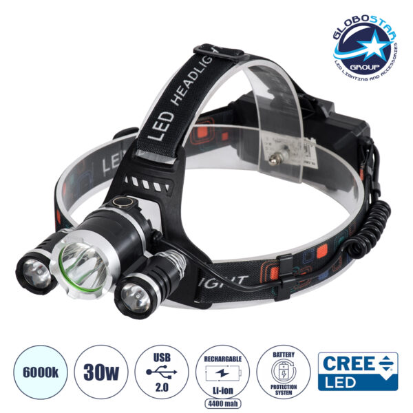 GloboStar® 69926 Φορητός Φακός Κεφαλής Επαναφορτιζόμενος LED Luminus 1 x CREE XM-L2 T6 & 2 XPE LED CHIP x 30W 3000lm 60° Μοιρών με 2 x 18650 Μπαταρία 4400mAh USB 2.0 – 4 Modes – Αδιάβροχο IP54 Ψυχρό Λευκό 6000K Μ7.5 x Π7 x Υ6cm