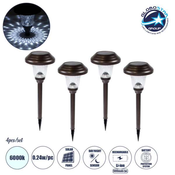 GloboStar® 69927 ΣΕΤ 4 Τεμαχίων Αυτόνομα Ηλιακά Φωτιστικά LED SMD 0.24W/Τεμ. 24lm/Τεμ. με Ενσωματωμένη Μπαταρία 600mAh – Φωτοβολταϊκό Πάνελ με Αισθητήρα Ημέρας-Νύχτας Αδιάβροχο IP65 Φανάρι Κήπου Στρογγυλό Ψυχρό Λευκό 6000K Φ12 x Υ23cm