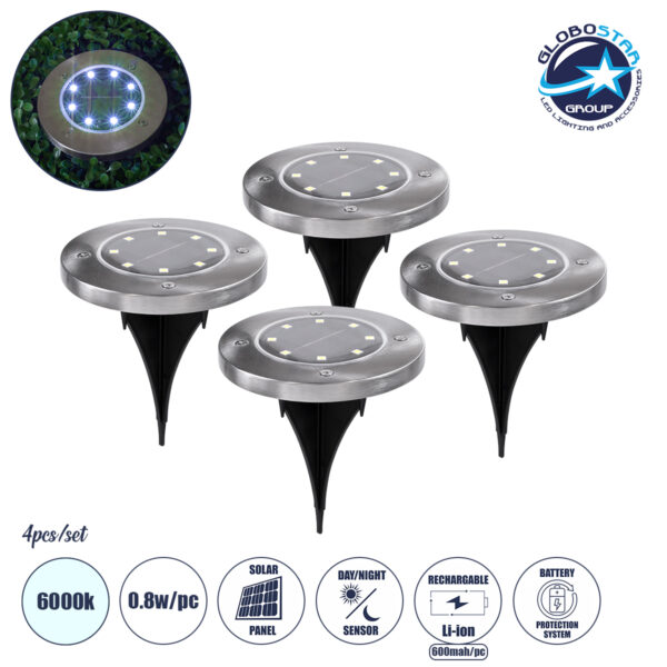 GloboStar® 69929 ΣΕΤ 4 Τεμαχίων Αυτόνομα Ηλιακά Φωτιστικά LED SMD 0.80W/Τεμ. 80lm/Τεμ. με Ενσωματωμένη Μπαταρία 600mAh – Φωτοβολταϊκό Πάνελ με Αισθητήρα Ημέρας-Νύχτας Αδιάβροχο IP65 Φανάρι Κήπου Στρογγυλό Ψυχρό Λευκό 6000K Φ12 x Υ13cm