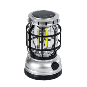 GloboStar® 69932 Αυτόνομο Ηλιακό Επαναφορτιζόμενο Φανάρι Camping LED 5W με Επαναφορτιζόμενη Μπαταρία 18650 1200mAh Li-ion – Power Bank – Αδιάβροχο IP54 – Dimmable – Μαύρο Ασημί – Ψυχρό Λευκό 6000K Φ10.2 x Υ16cm