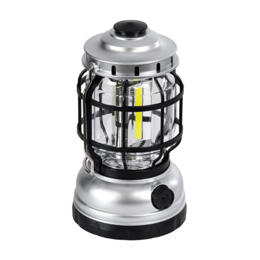 GloboStar® 69933 Αυτόνομο Επαναφορτιζόμενο Φανάρι Camping LED 5W με Επαναφορτιζόμενη Μπαταρία 18650 1200mAh Li-ion – Power Bank – Αδιάβροχο IP54 – Dimmable – Μαύρο Ασημί – Ψυχρό Λευκό 6000K Φ10.2 x Υ18cm