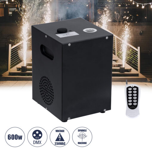 GloboStar® 51148 SIRENS Επαγγελματική Επιδαπέδια Μηχανή Cold Sparkle Machine – Fountain Εφέ με Άκαυστες Σπίθες 600W AC 220V-240V DMX512 Display on Body – Μαύρο – L18 x W16.5 x H24cm