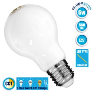 GloboStar® 99242 Λάμπα E27 A60 Γλόμπος LED CCT FILAMENT 6W 560 lm 320° AC 85-265V με Λευκό Γαλακτερό Γυαλί 3 Step Switch CCT Change Θερμό Λευκό – Φυσικό Λευκό – Ψυχρό Λευκό