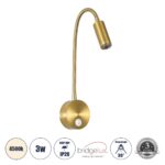 GloboStar® GOOSE 60880 Μοντέρνο Φωτιστικό Τοίχου – Απλίκα Ξενοδοχείου Bed Side LED 3W 300lm 36° AC 220-240V – Reading Light – Μ6.5 x Π15 x Υ24.5cm – Φυσικό Λευκό 4500K – Χρυσό Βούρτσας
