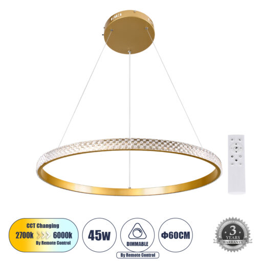 GloboStar® DIAMOND 61131 Κρεμαστό Φωτιστικό Δαχτυλίδι-Κύκλος LED CCT 45W 5230lm 360° AC 220-240V – Εναλλαγή Φωτισμού μέσω Τηλεχειριστηρίου All In One Ψυχρό 6000k+Φυσικό 4500k+Θερμό 2700k Dimmable Φ60cm – Χρυσό Βούρτσας – 3 Years Warranty