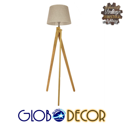 GloboStar® TRIPOD 01263 Μοντέρνο Φωτιστικό Δαπέδου Μονόφωτο 1 x E27 Μπεζ Ξύλινο Καμπάνα D40 x H143cm
