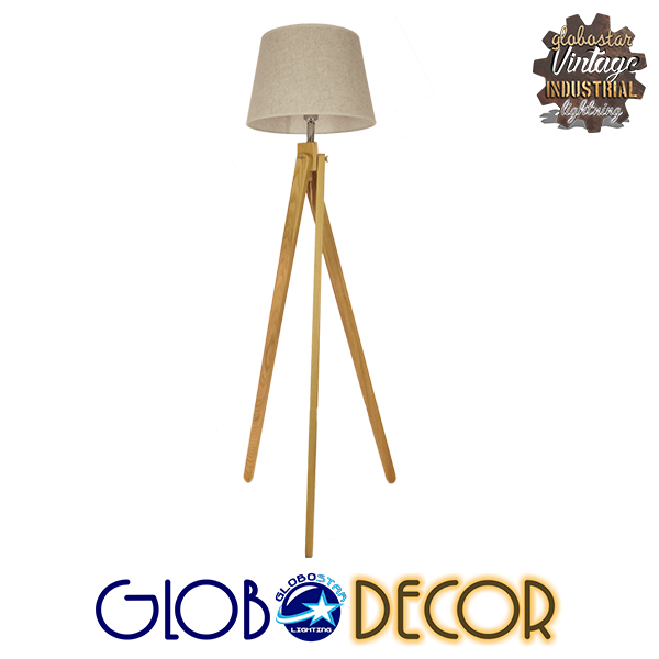 GloboStar® TRIPOD 01263 Μοντέρνο Φωτιστικό Δαπέδου Μονόφωτο 1 x E27 Μπεζ Ξύλινο Καμπάνα D40 x H143cm