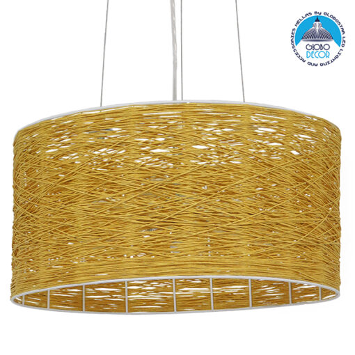 GloboStar® MADAGASKAR 01630 Vintage Κρεμαστό Φωτιστικό Οροφής Τρίφωτο 3 x E27 Καφέ Ξύλινο Rattan Φ40 x Υ22cm