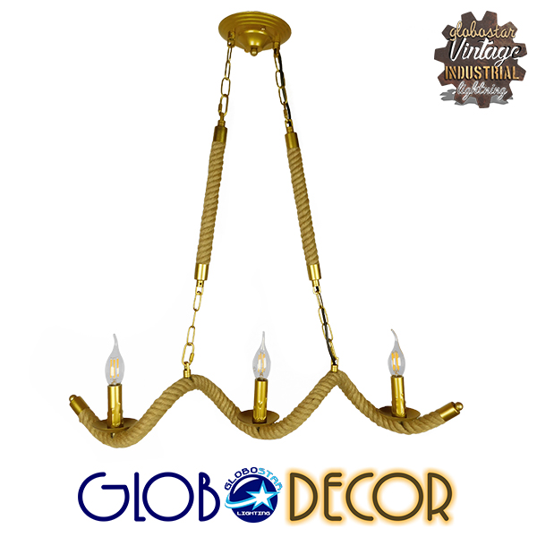 GloboStar® LUXOR 01598 Vintage Κρεμαστό Φωτιστικό Οροφής Τρίφωτο 3 x E14 Χρυσό Μεταλλικό με Μπεζ Σχοινί Μ75 x Π13 x Y18cm
