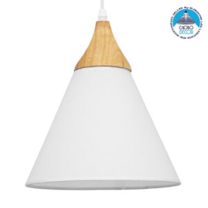 GloboStar® SHADE TEXTILE 01577 Μοντέρνο Κρεμαστό Φωτιστικό Οροφής Μονόφωτο 1 x E27 Λευκό Υφασμάτινο με Ξύλο Καμπάνα Φ25 x 30cm