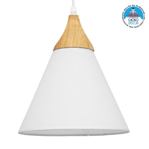 GloboStar® SHADE TEXTILE 01577 Μοντέρνο Κρεμαστό Φωτιστικό Οροφής Μονόφωτο 1 x E27 Λευκό Υφασμάτινο με Ξύλο Καμπάνα Φ25 x 30cm